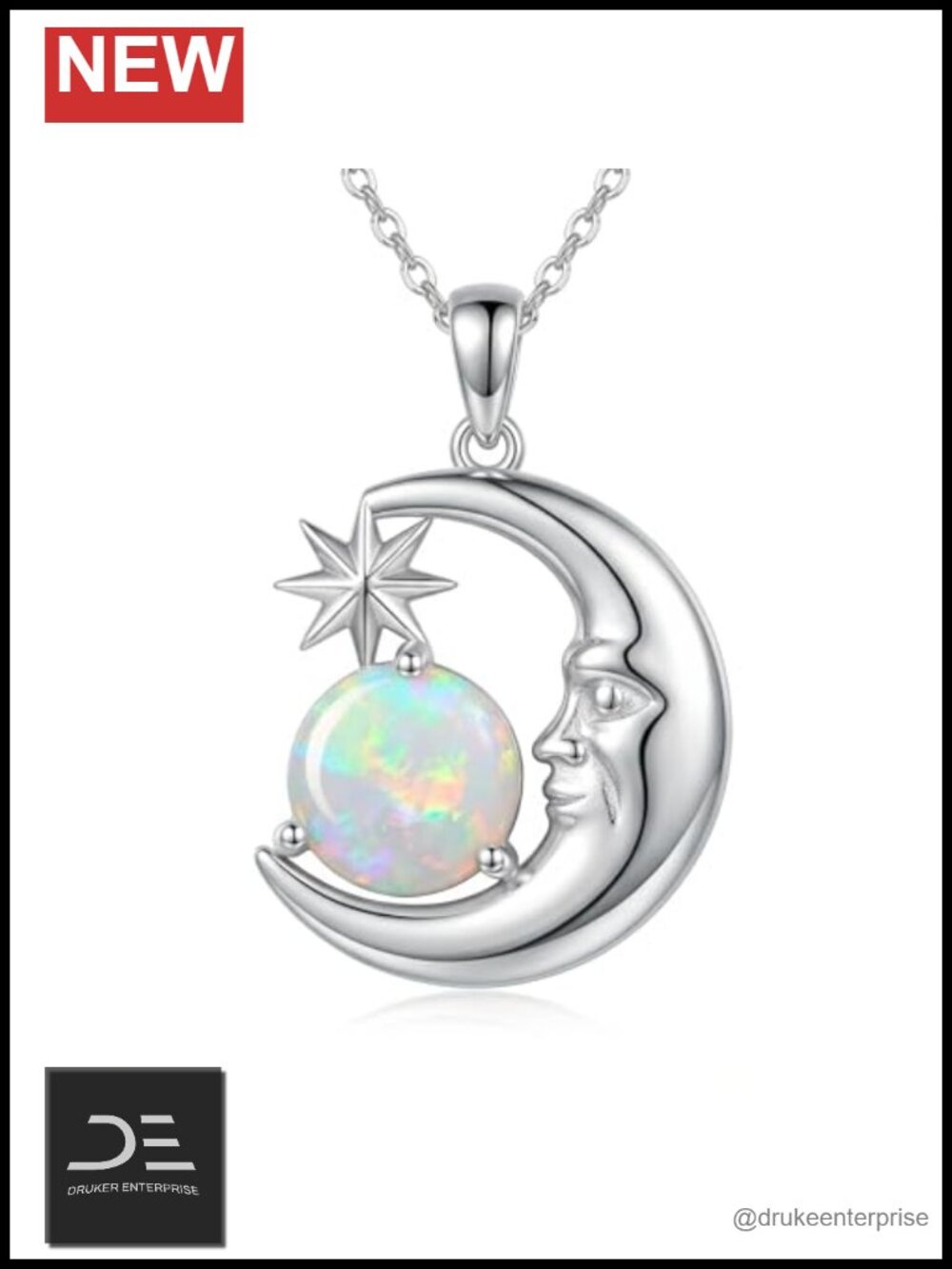 925 Sterling Silver Opal Pendant Necklace Half Moon Star Adjustable 18-20in